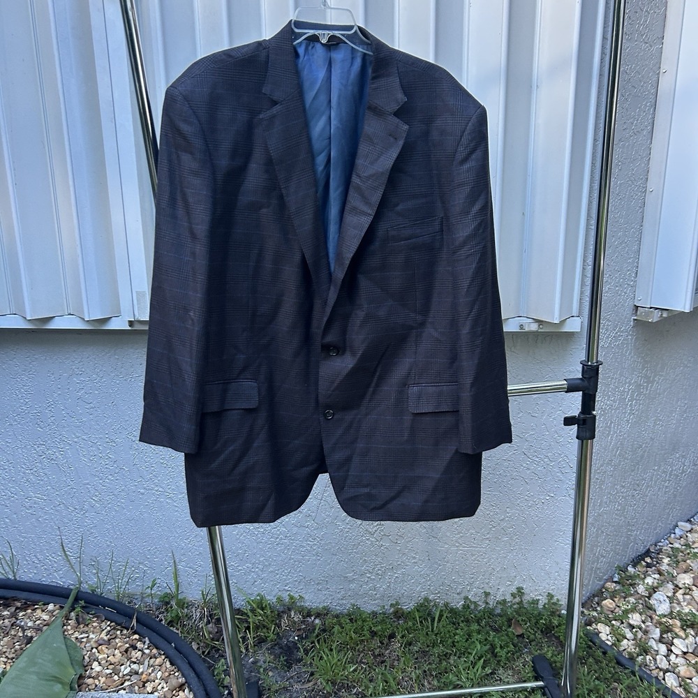 Oak Hill Plaid Sport Coat Mens 3XLT 54L 56L Big Tall Grey Blue Stretch Blazer